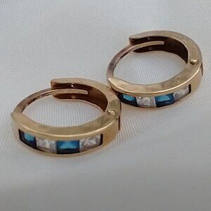 Genuine Gold and Blue Topaz Huggie Hoop Earrings